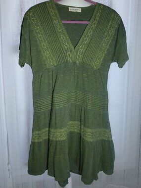 LUCKY BRAND Short Sleeve V-Neck Olive Green 100% Cotton HiLo Dress XS